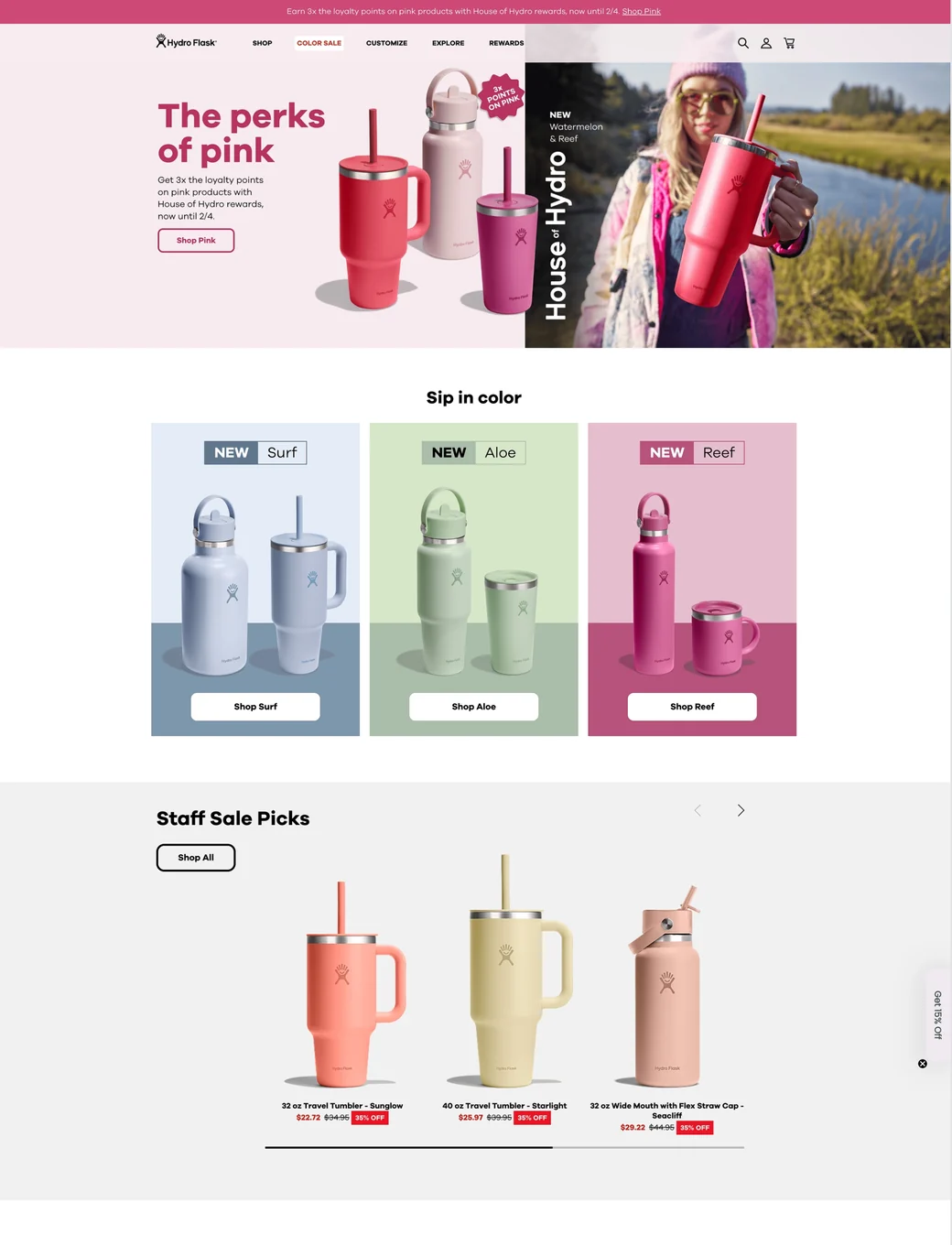 Hydro Flask storefront homepage, the World Traveler Award-winning global build