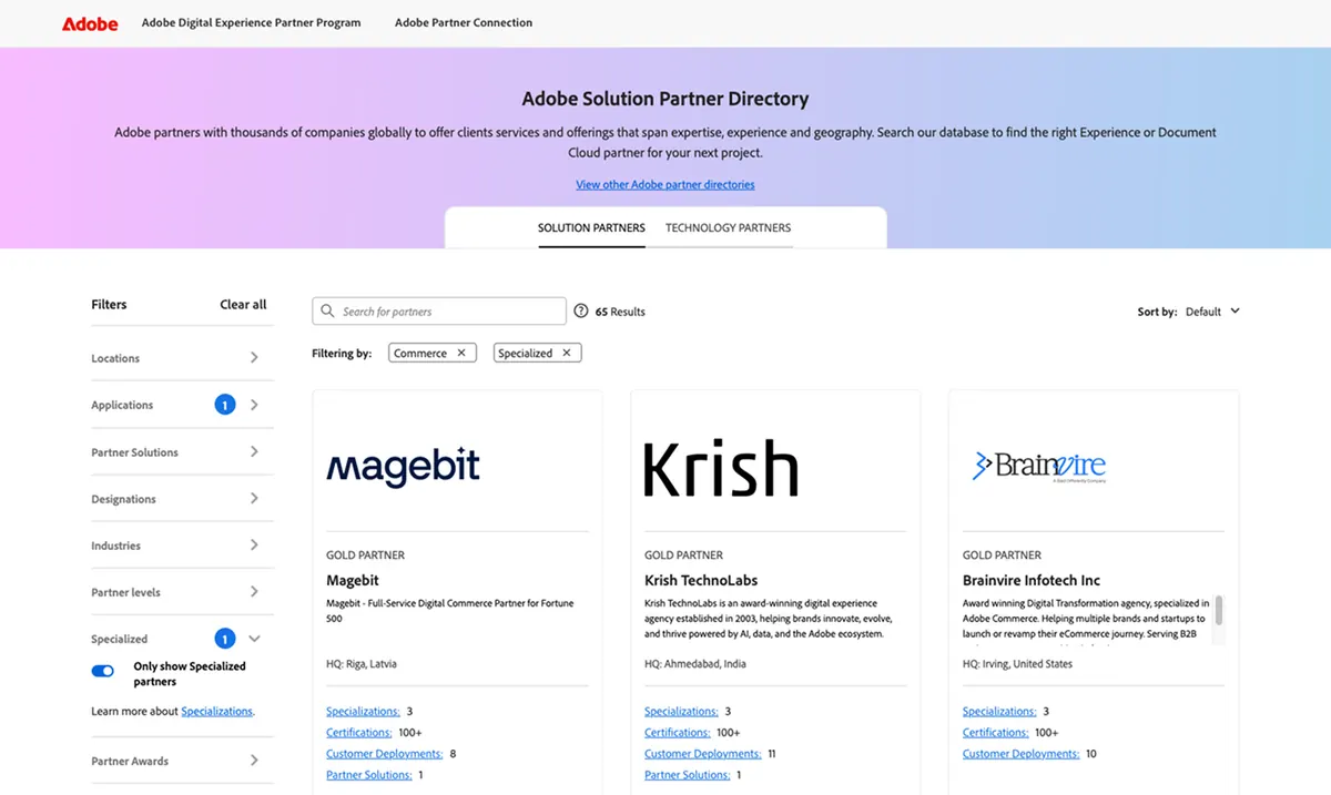 Magebit ranked #1 in the Adobe Solution Partner Directory for Adobe Commerce specialization