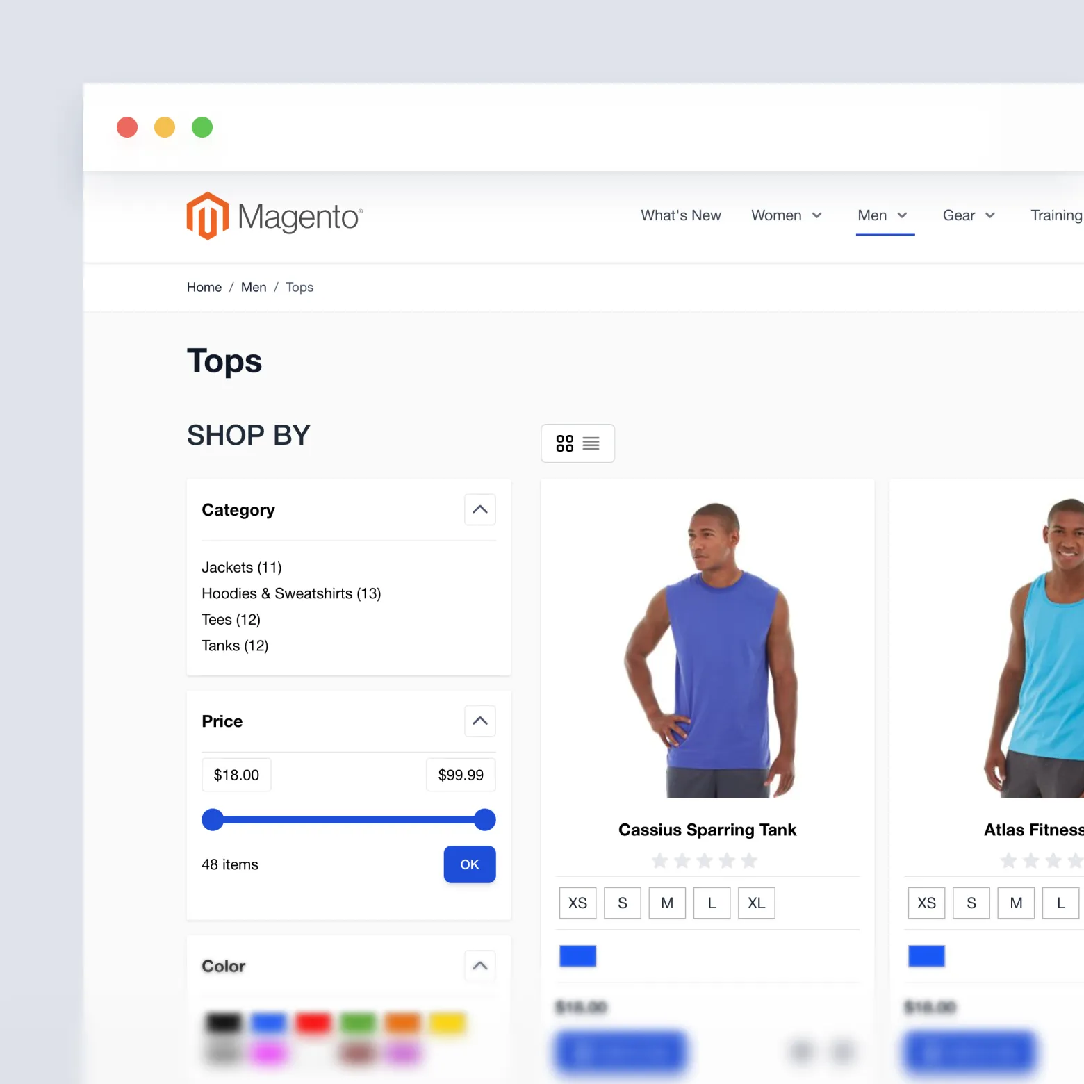 Online Magento store page for men's tops with filters and blue tank top products.