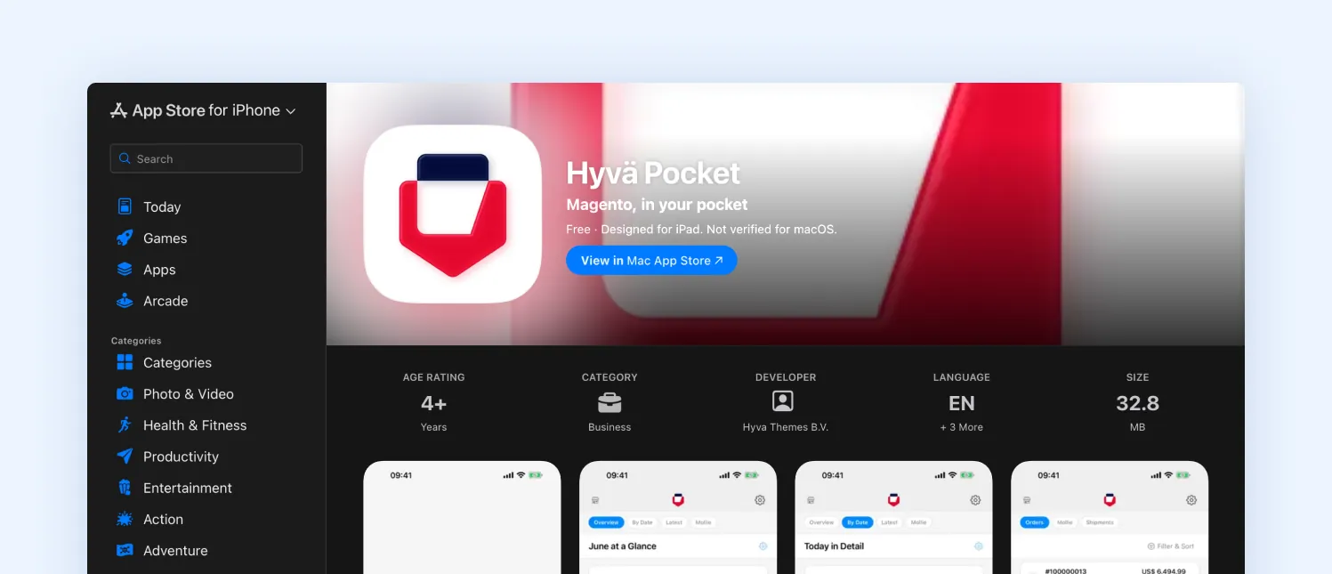 Hyvä Pocket listing on the Apple App Store, showing the app icon, the “Magento, in your pocket” tagline, a free price tag, and iPhone screenshots of the sales dashboard