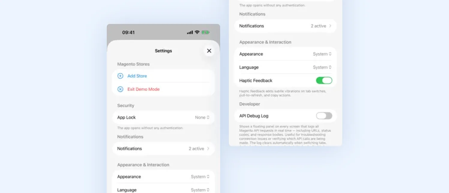 Hyvä Pocket settings screen on iPhone with sections for Magento stores and Add Store, a Security section with App Lock, notification controls, and appearance, language and developer options