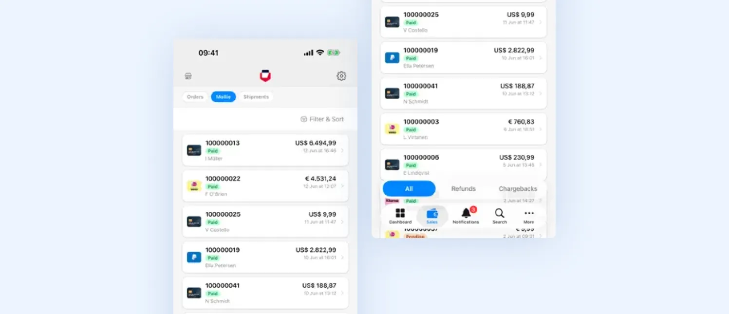 Hyvä Pocket iPhone screens showing the Mollie payments tab with paid transactions, provider logos and amounts, plus filters for all payments, refunds and chargebacks