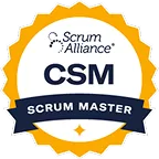 Scrum Alliance CSM Scrum Master badge with a star and gear border.