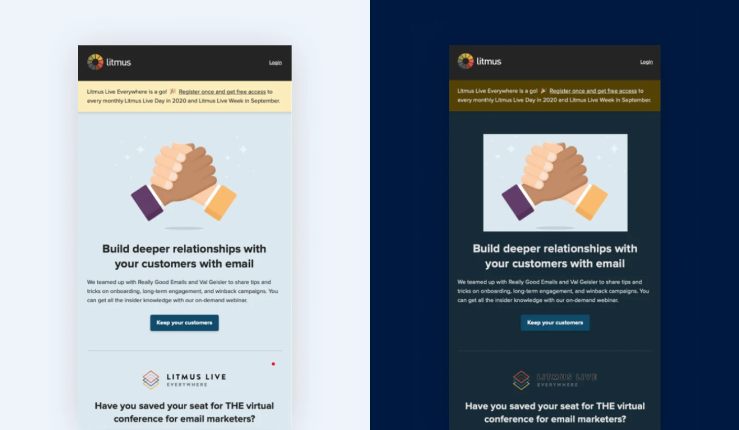 The same email side by side in light mode and dark mode, with backgrounds darkened and logo contrast lost