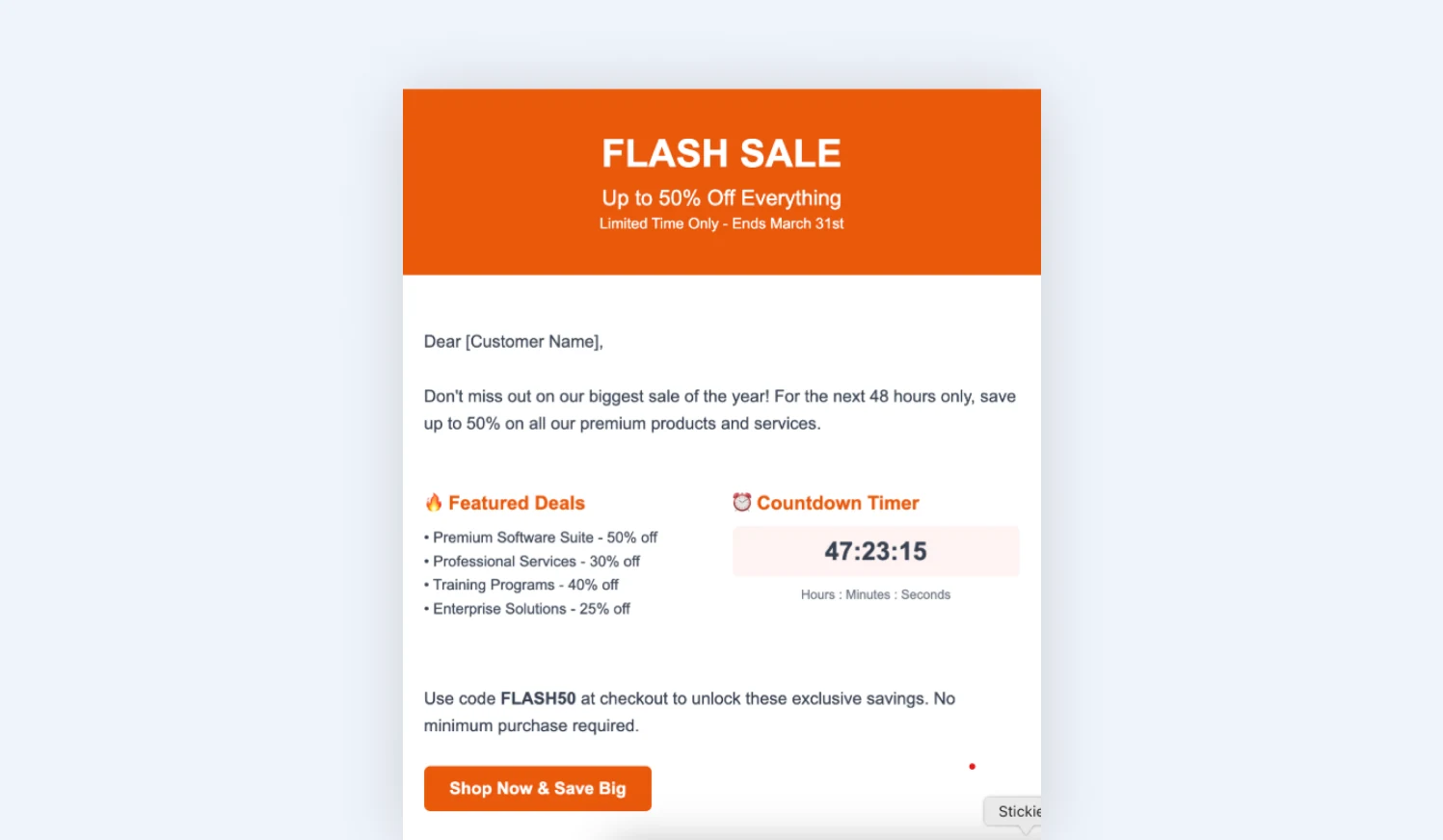 HTML flash sale email built from live text, a coded countdown timer block, and a native call-to-action button