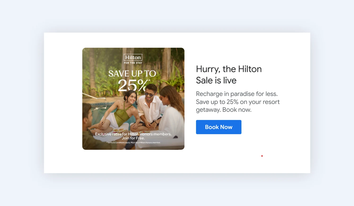 Hybrid Hilton email pairing a branded hero image with a live HTML headline, body copy, and a coded Book Now button