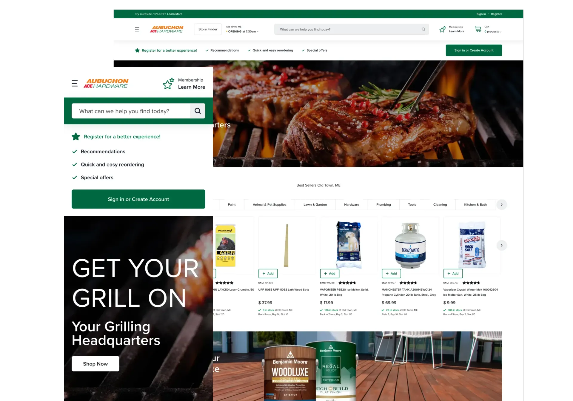 Website homepage showing grilled steaks, product listings, and grilling supplies with store navigation.