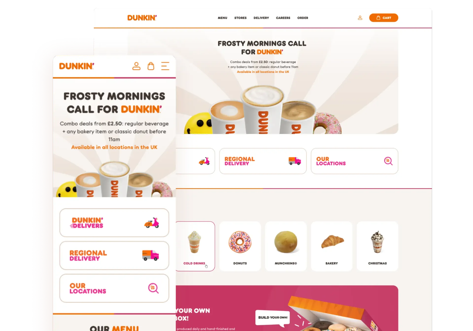 Dunkin' promo for breakfast combos with coffee, donuts, bakery items, and delivery options in the UK.