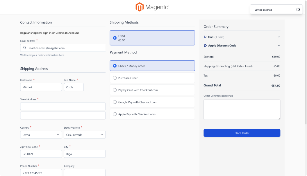 A Magento checkout with contact, shipping and payment steps and an order summary