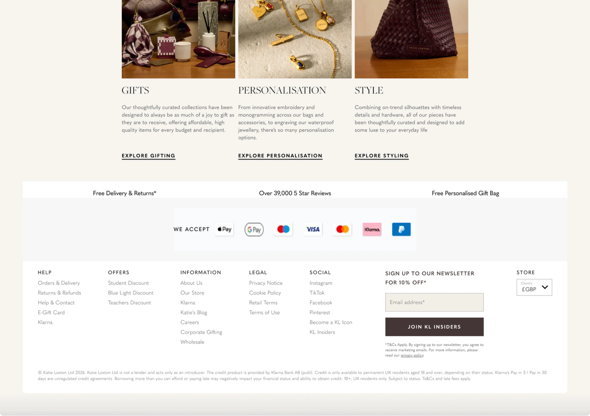 The Katie Loxton homepage footer