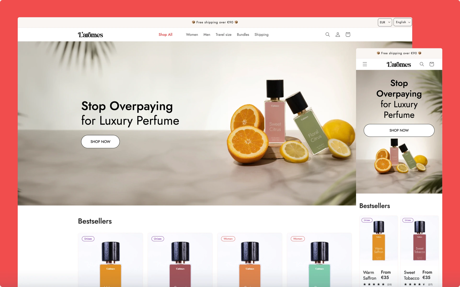 The L’aromes storefront on desktop and mobile