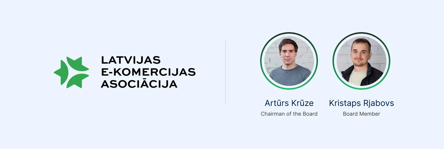 Kristaps Rjabovs and Artūrs Krūze standing beside the LATEKA logo as chairman and board member of Latvia's e-commerce association