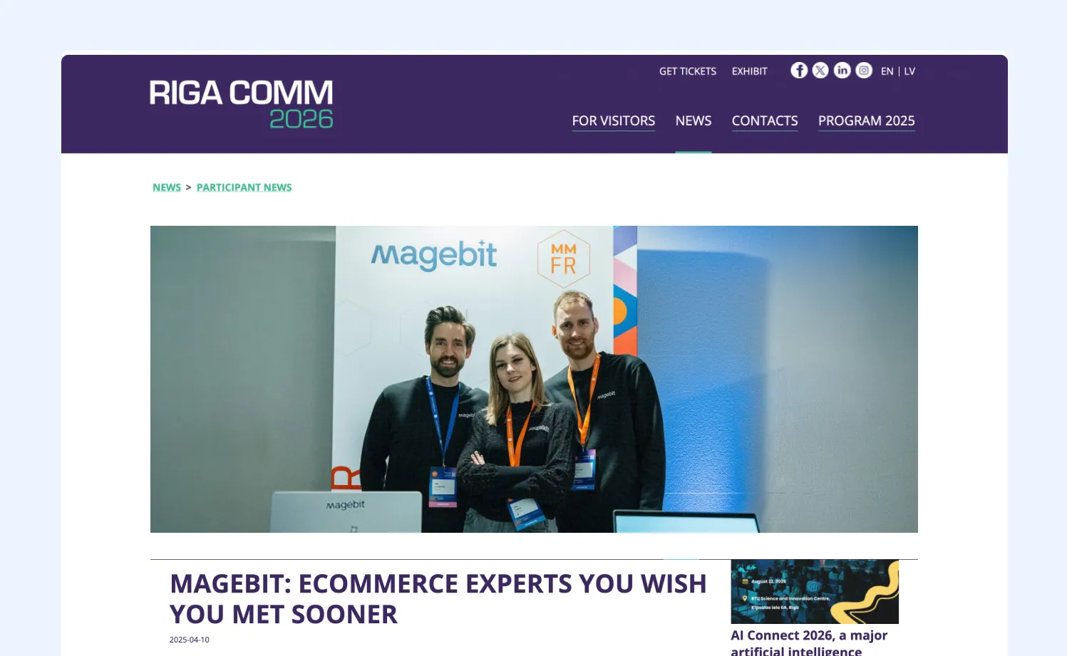 A participant news article on the RIGA COMM 2026 event website featuring the Magebit team at their exhibition stand under the headline "Magebit: eCommerce experts you wish you met sooner".