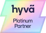 Hyvä Platinum Partner badge with gradient colors and a lightning bolt shaped background.