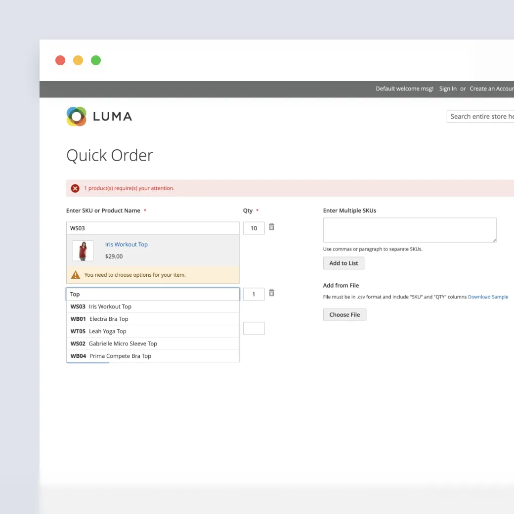 LUMA Quick Order page showing product entry for Iris Workout Top with quantity and SKU inputs, error message displayed.