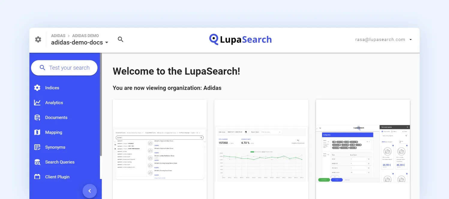 LupaSearch dashboard showing e-commerce search analytics, mappings, synonyms, and search queries
