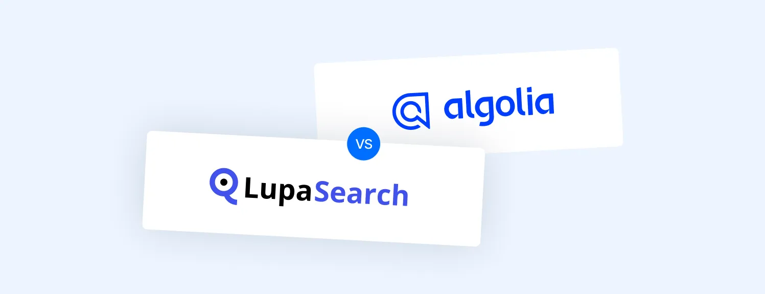 LupaSearch and Algolia logos side by side in a comparison of e-commerce search platforms