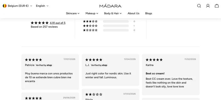 Customer reviews on a MĀDARA Cosmetics product page: 4.91 out of 5 from 257 reviews, with individual verified reviews listed beneath.