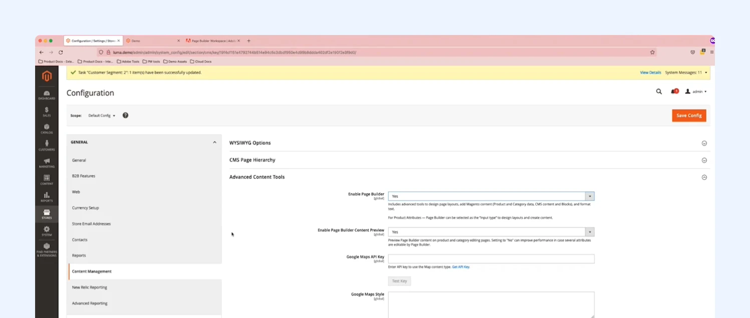 Magento Admin Content Management configuration with Enable Page Builder and Page Builder Content Preview set to Yes