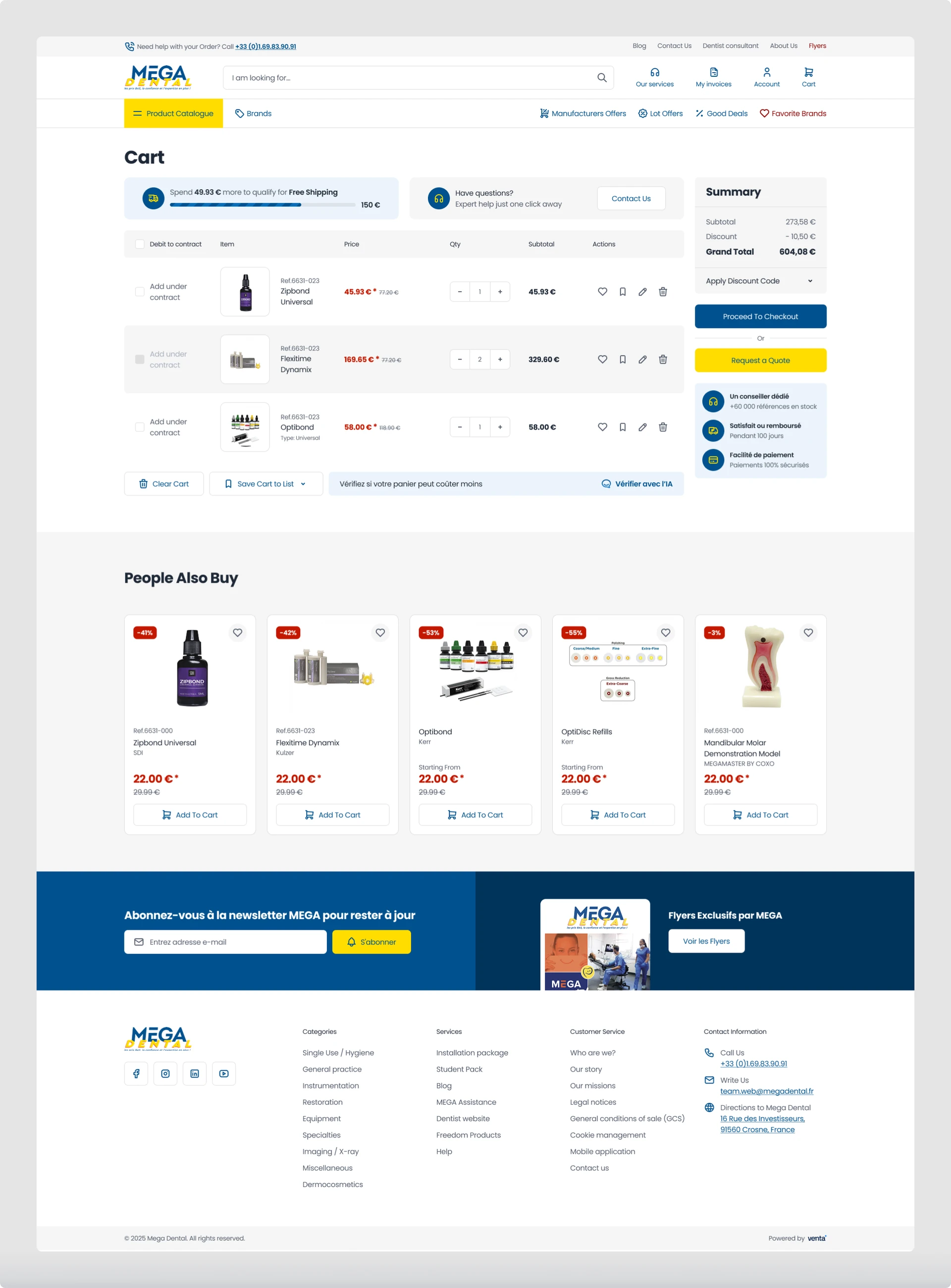 The Mega Dental shopping cart with the AI-assisted cart tool