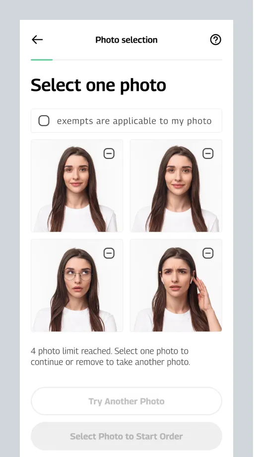 App screen showing four photos of a woman with different facial expressions to select one for order.