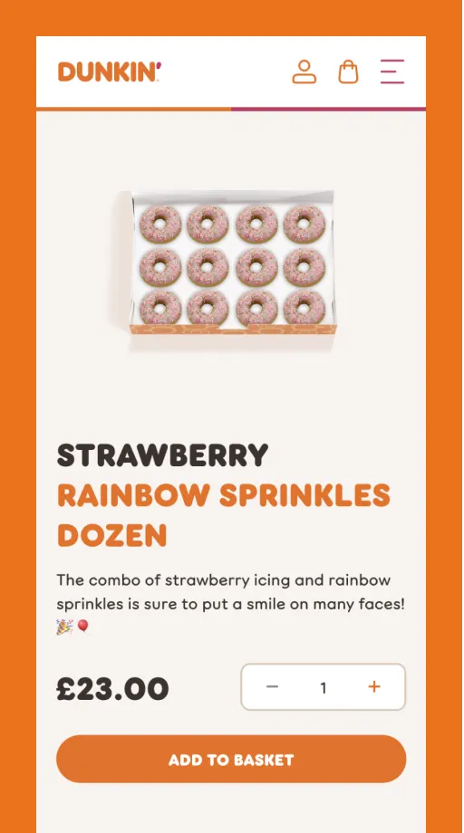 Box of a dozen strawberry-frosted donuts with rainbow sprinkles from Dunkin'.