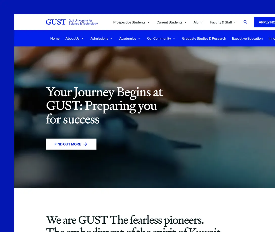 Website header of Gulf University for Science & Technology with navigation menus and tagline about preparing for success.