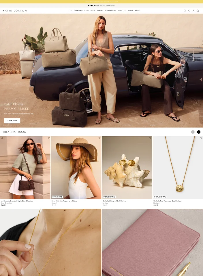 Katie Loxton storefront — packed and personalised travel bags