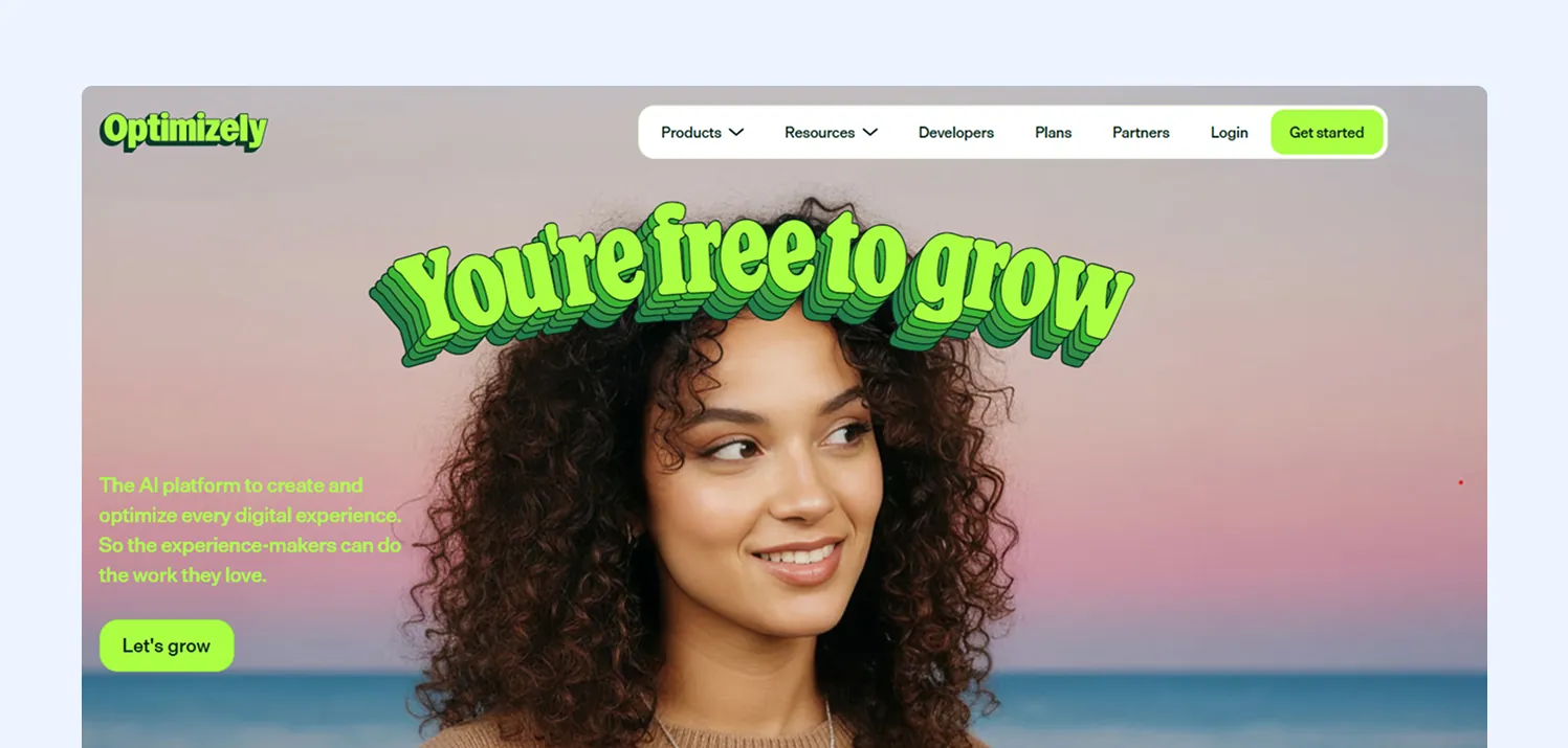 Optimizely homepage with the headline "You're free to grow" and the tagline about an AI platform for creating and optimizing digital experiences