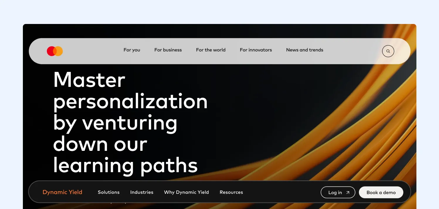 Dynamic Yield website with the headline "Master personalization by venturing down our learning paths" and the Mastercard navigation bar above it
