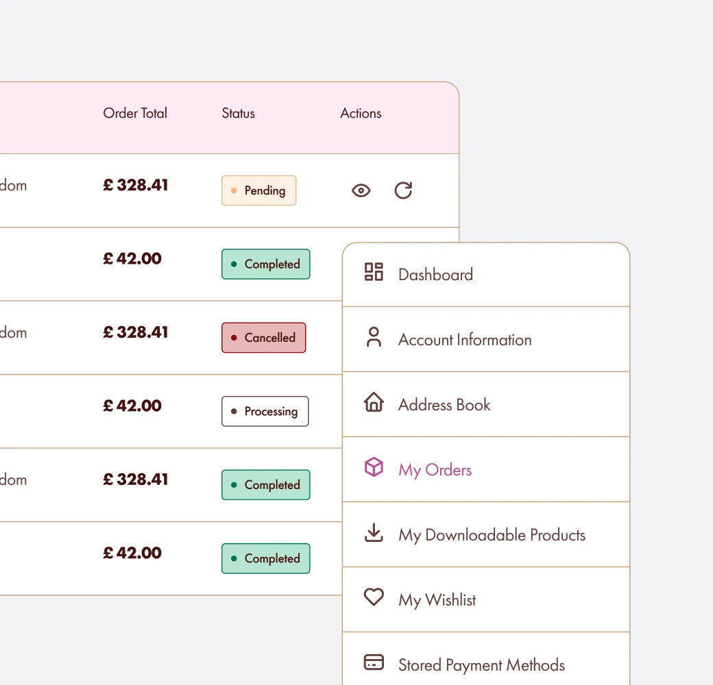 Customer account dashboard with order history and My Orders nav