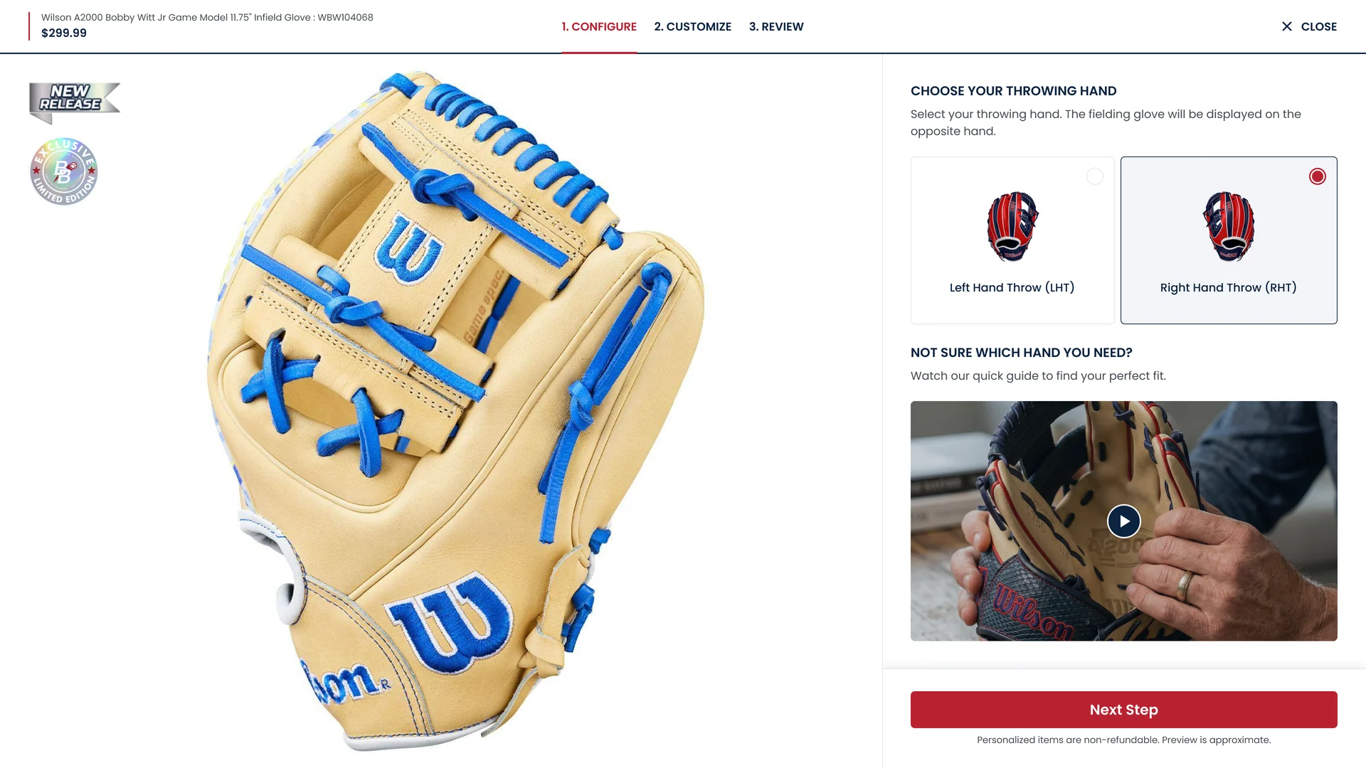 Glove configurator choosing between a left-hand and right-hand throw