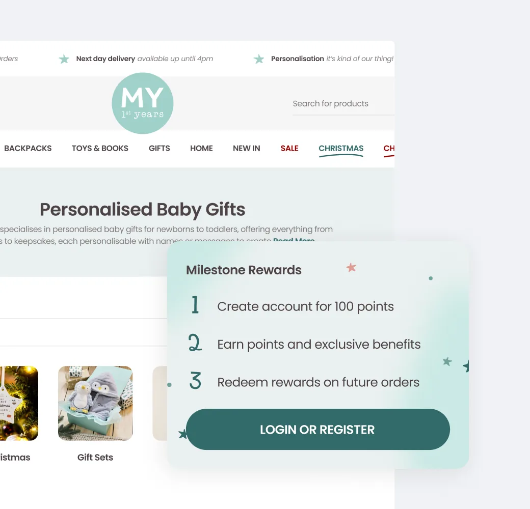 Milestone rewards overlay on a personalised-gifting storefront