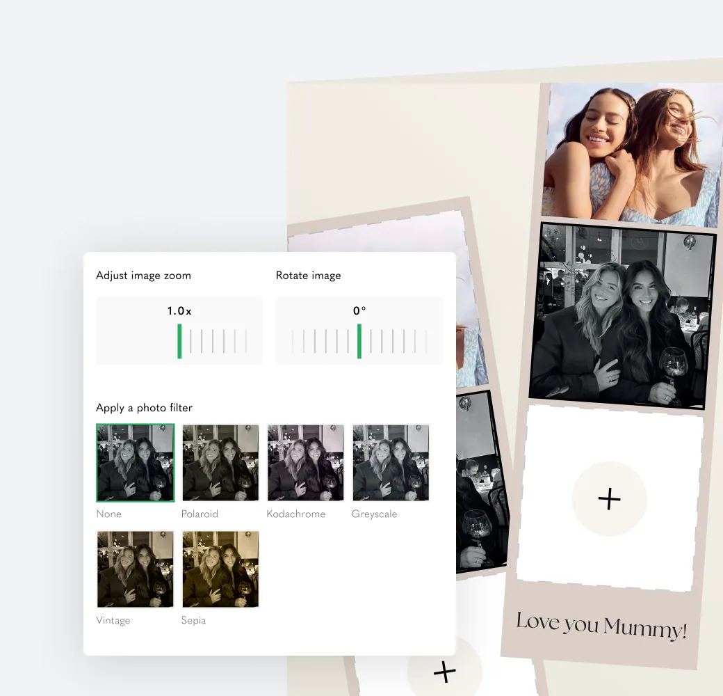 Photo-card editor with zoom, rotate and filter controls