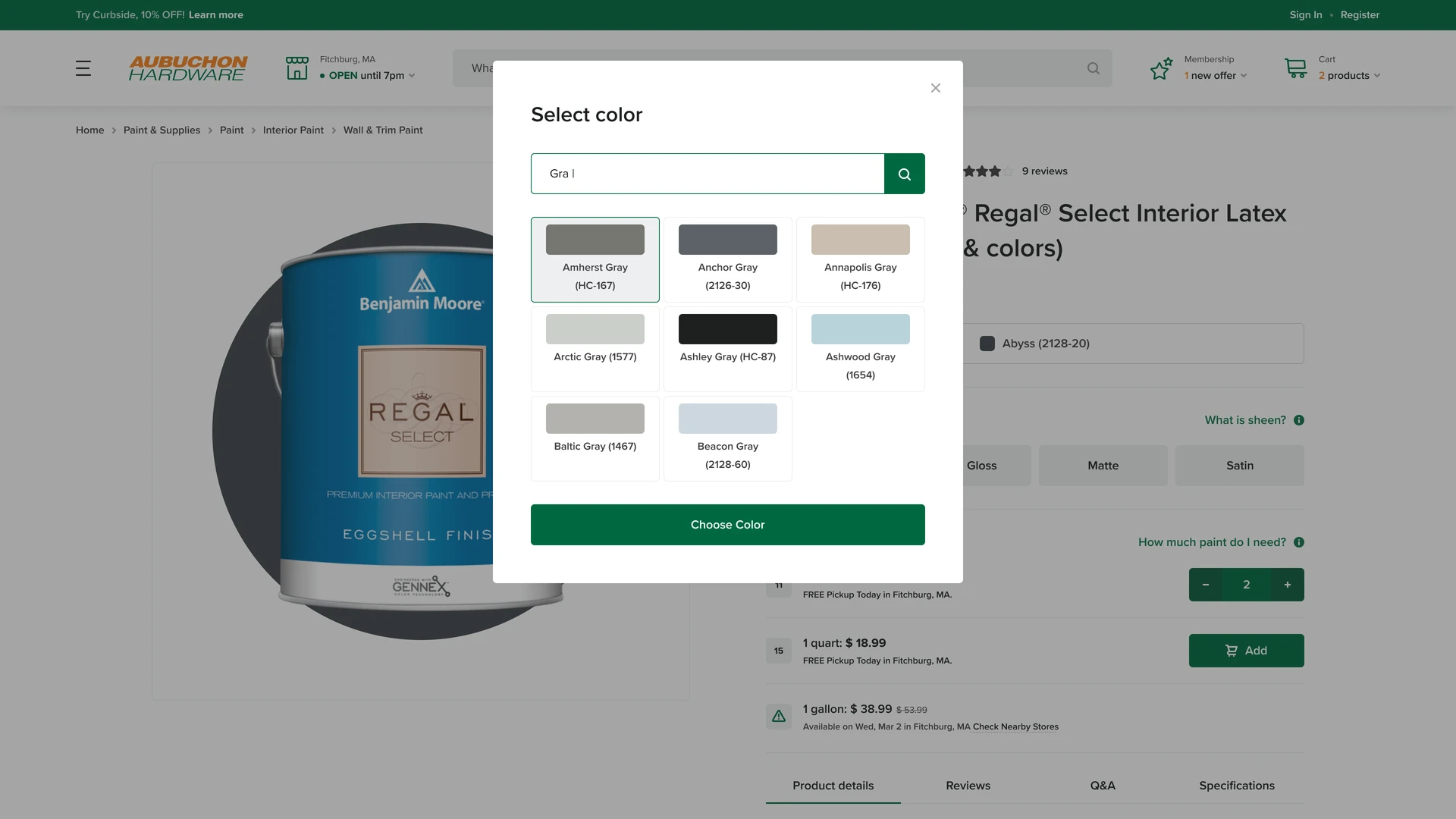 Home product configurator with finish and dimension options