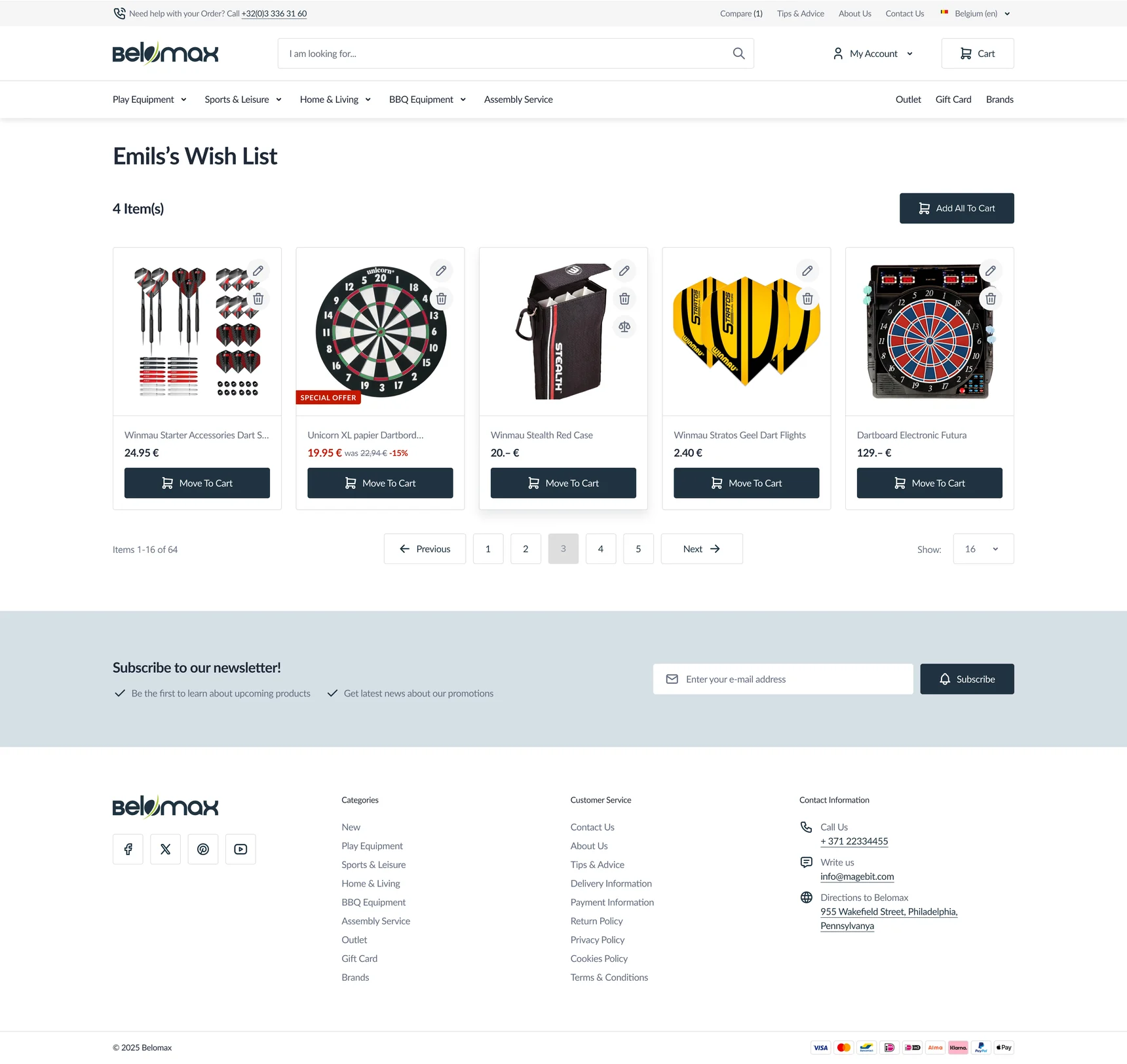 Wish list on a sport and leisure store with saved products and move-to-cart buttons