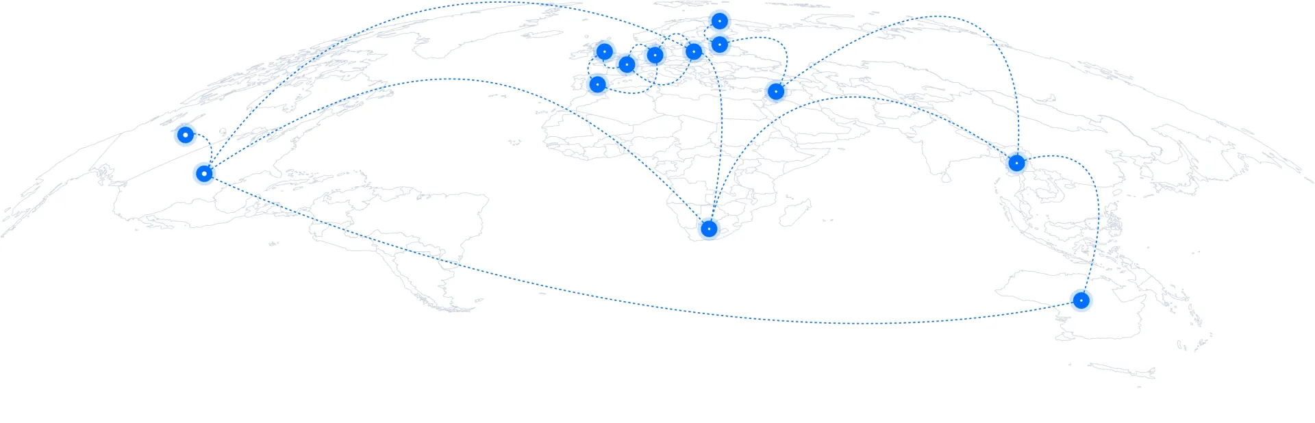 World map with blue location markers and dotted lines connecting multiple global cities.
