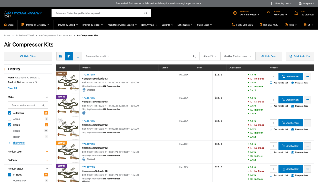 Automotive parts storefront with fitment search in a browser window