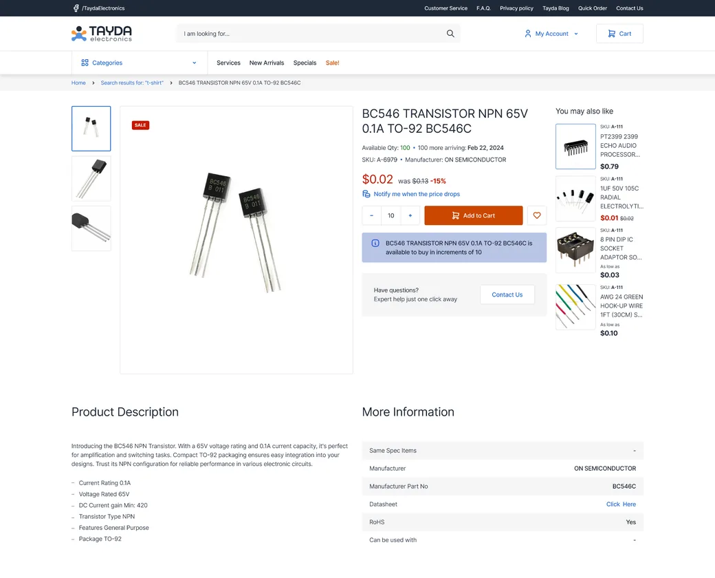 Tayda Electronics product page with a transistor listing and spec table