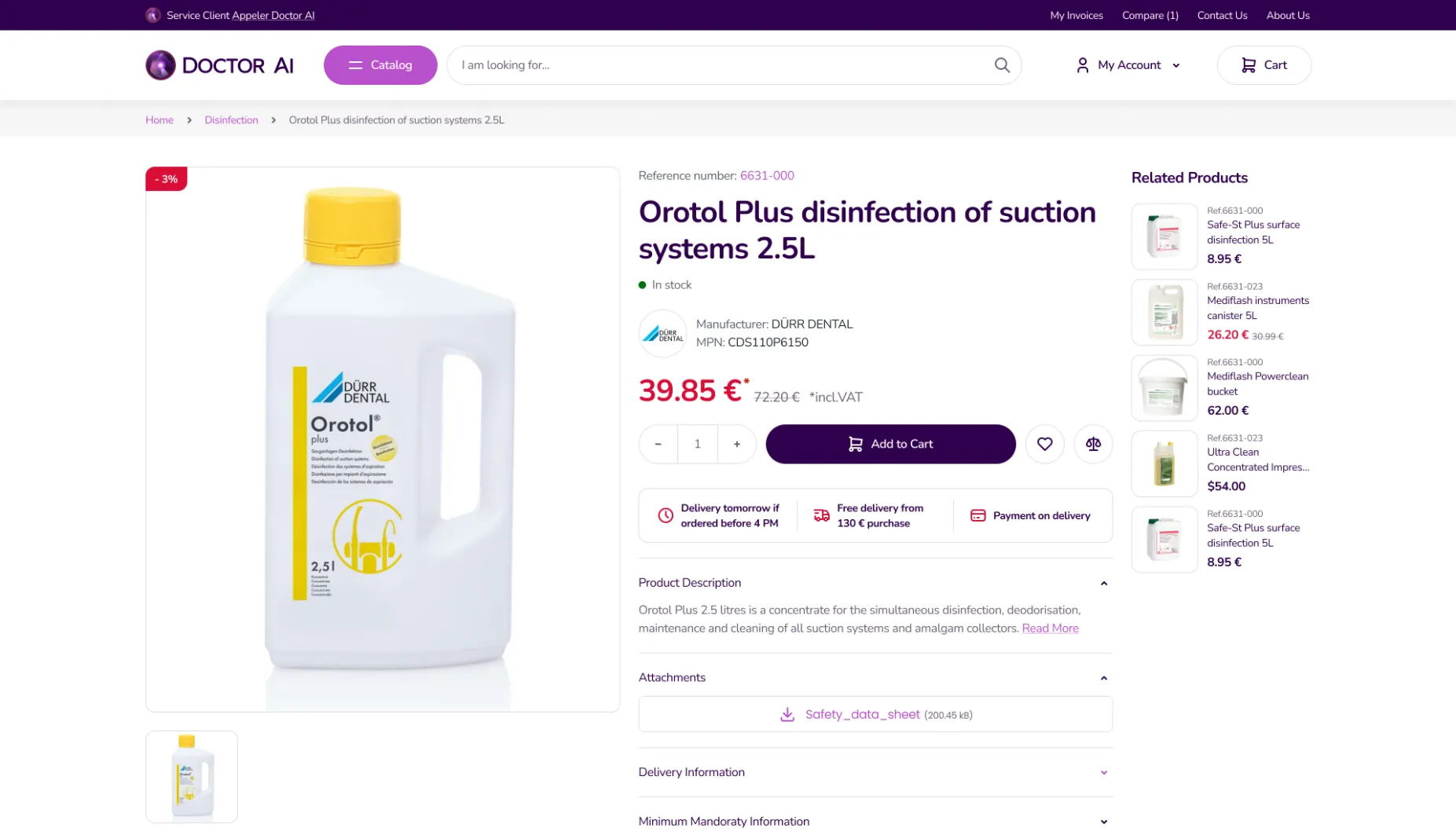 Healthcare storefront product page with pharmacy pricing shown in a browser window