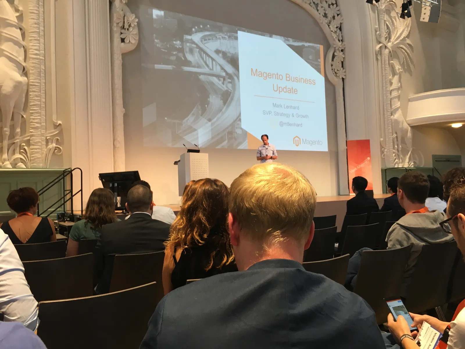 Mark Lenhard of Magento presenting the Magento Business Update at Meet Magento Germany 2018