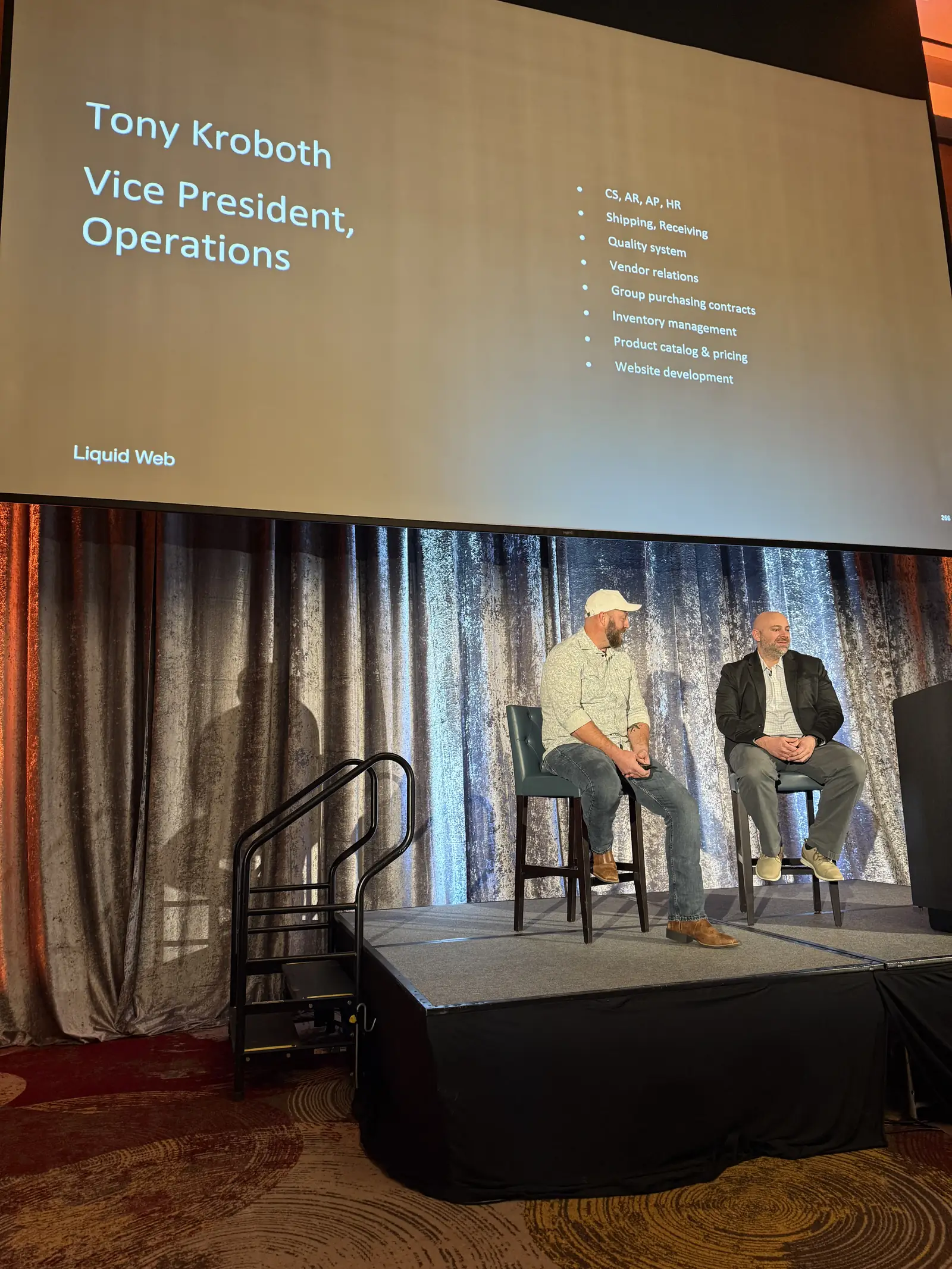 A two-person fireside chat on the main stage at Meet Magento Florida 2025