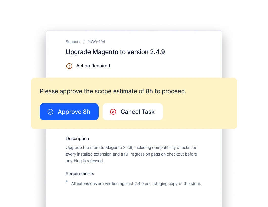 A Portal ticket asking the client to approve an eight-hour scope estimate.