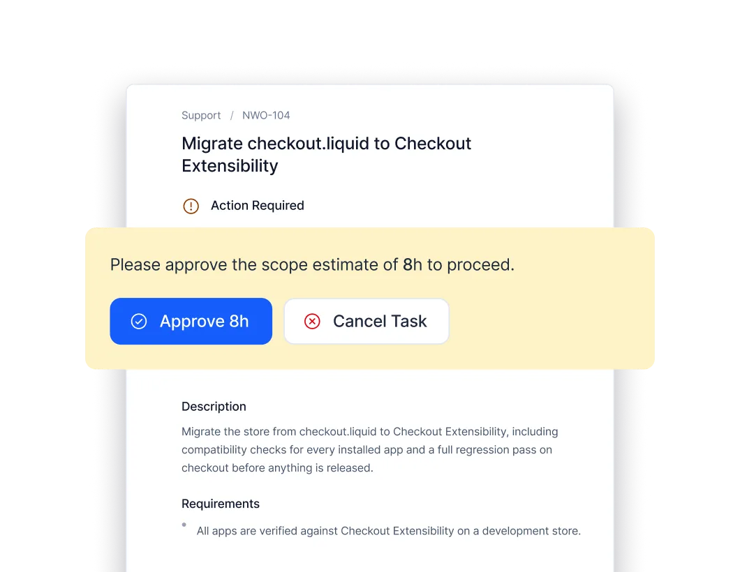 A Portal ticket asking the client to approve an 8h scope estimate before work begins.