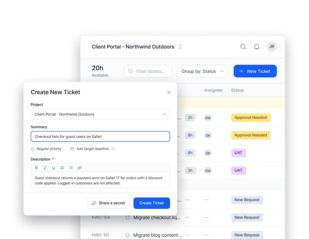 The Magebit Portal ticket list with a "Create new ticket" dialog open over it.