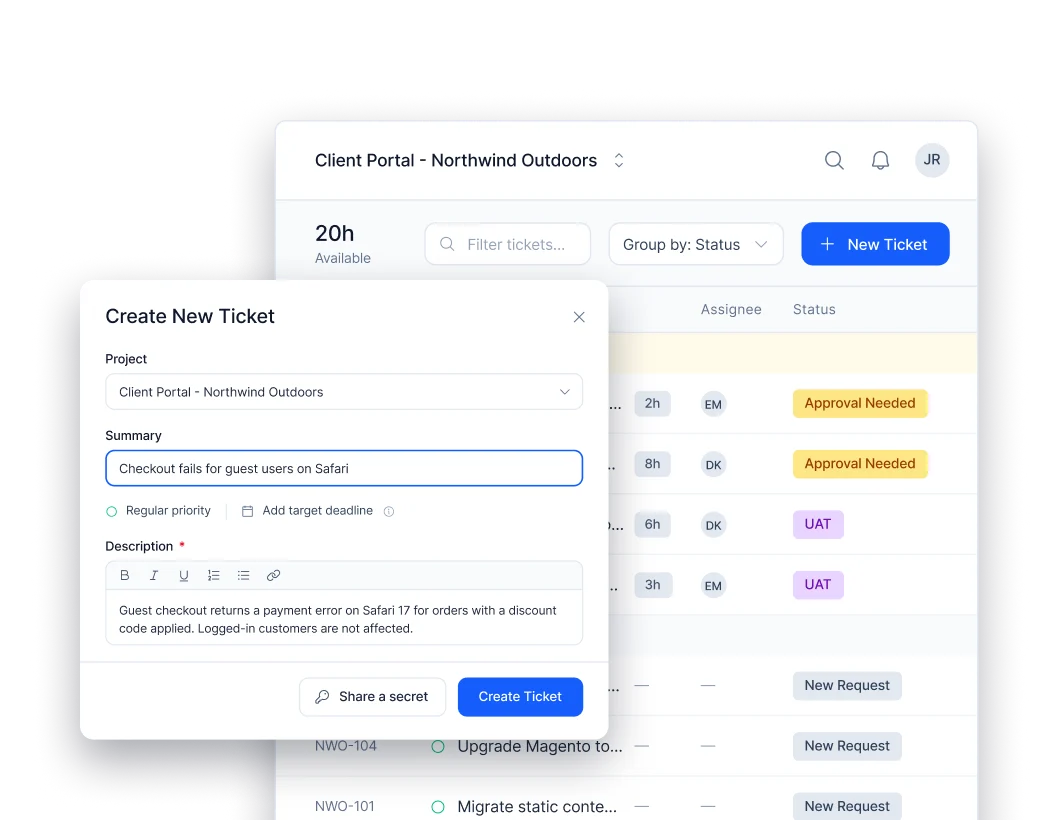 The Magebit Portal ticket list with a Create New Ticket dialog open over it.