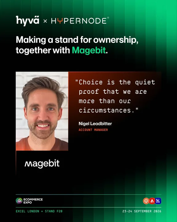 Hyvä × Hypernode graphic for eCommerce Expo — “Making a stand for ownership, together with Magebit”