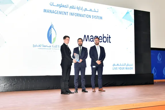 Magebit being recognised on stage at Gulf University for Science and Technology in Kuwait
