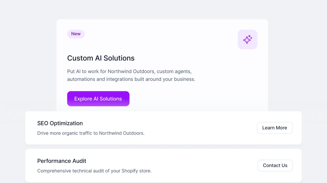 Portal suggestions for custom AI solutions, SEO optimization and a performance audit.