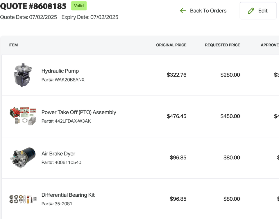 Quote detail with line items and ERP export